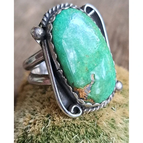 Vintage Old Pawn Green Turquoise Sterling Silver Ring size 9.25 - Picture 3 of 11
